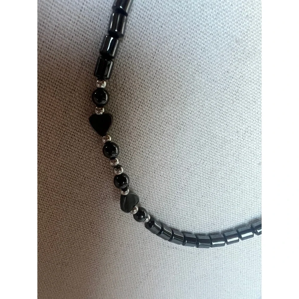Hematite Bead Necklace Y2K Goth 20" Black Heart Silver Tone Minimalist Necklace - Picture 6 of 13